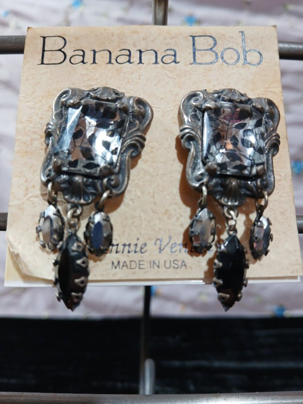 Vintage Banana Bob Clip Earrings Black/white setting on silver w/dangling beads